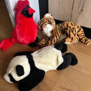 Ty Stuffed Animals Set - Red Cardinal, Orange Tiger, Black and White Panda
